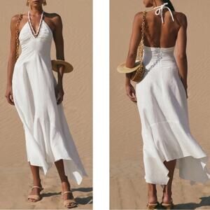 CULT GAIA Constance Halterneck Gold Hardware Linen Asymmetric Midi Dress Sz L